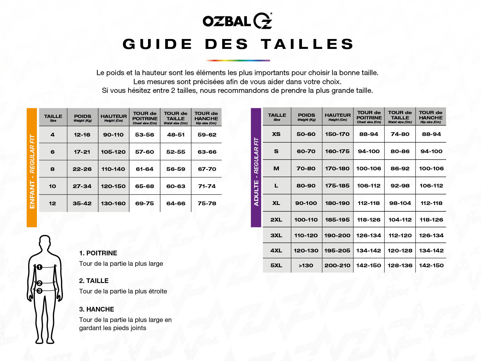 Guide des tailles OZBAL - Regular fit adulte / enfant