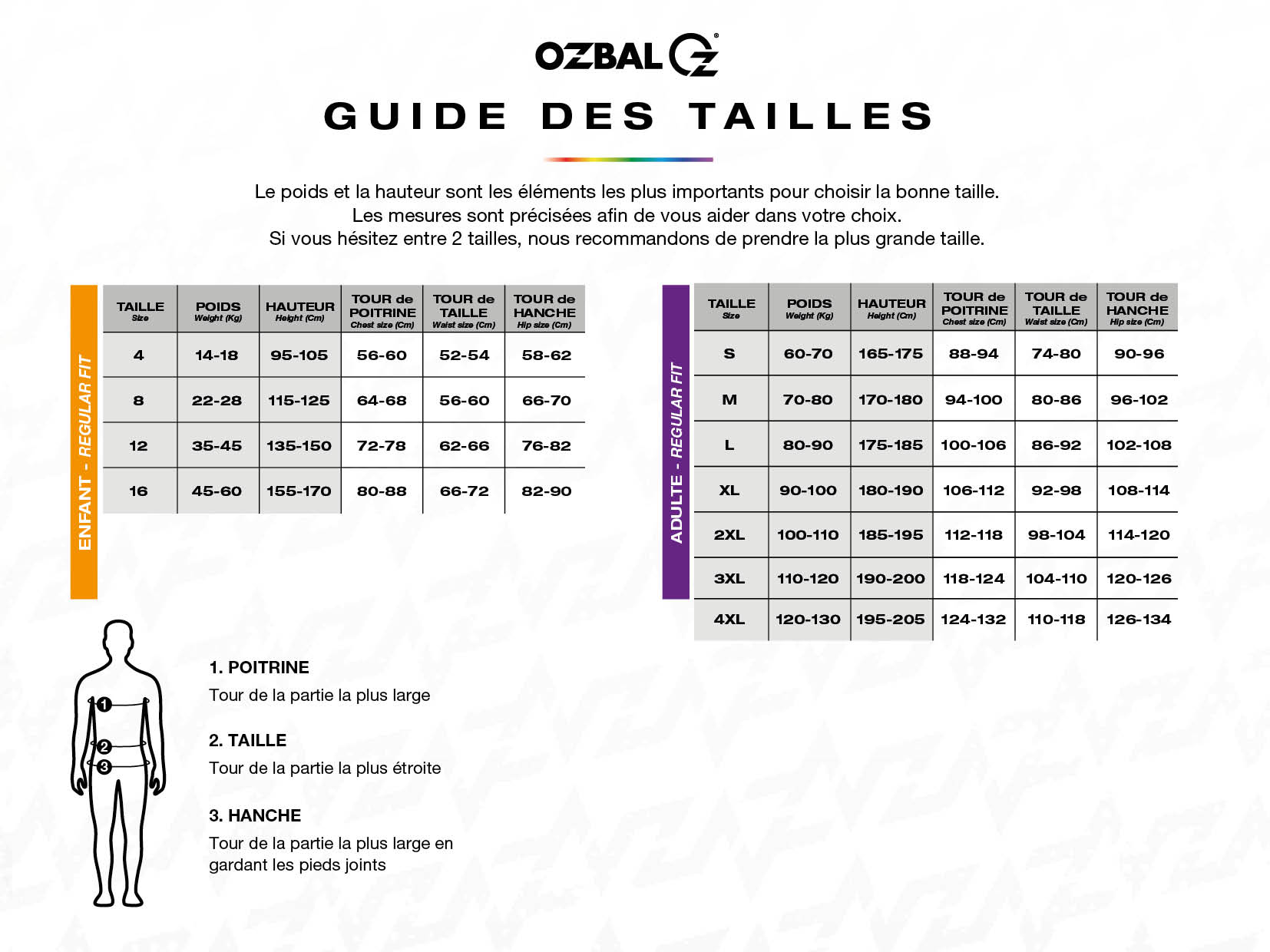 Guide des tailles OZBAL - Regular fit adulte / enfant