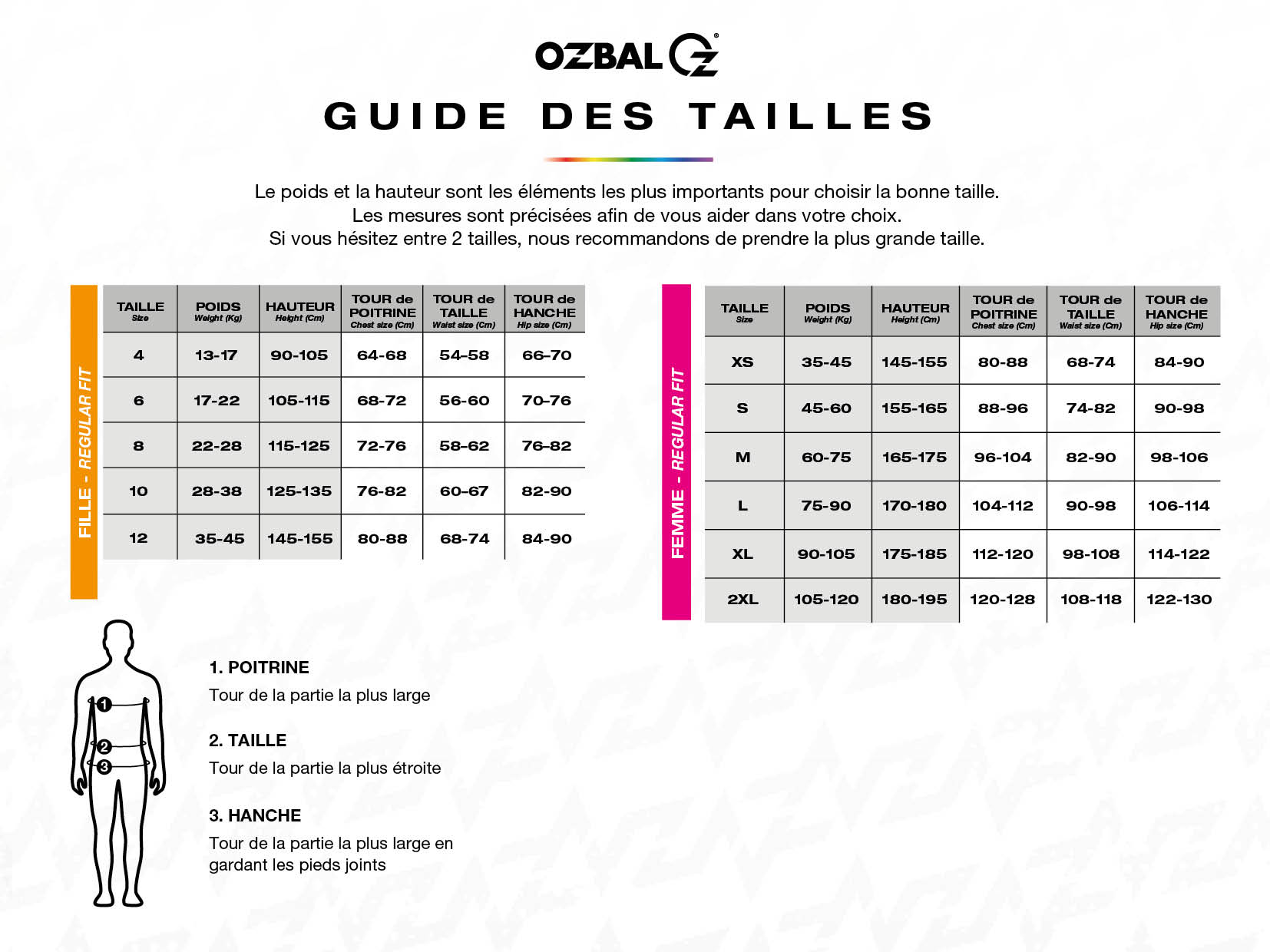 Guide des tailles OZBAL - Regular fit adulte / enfant
