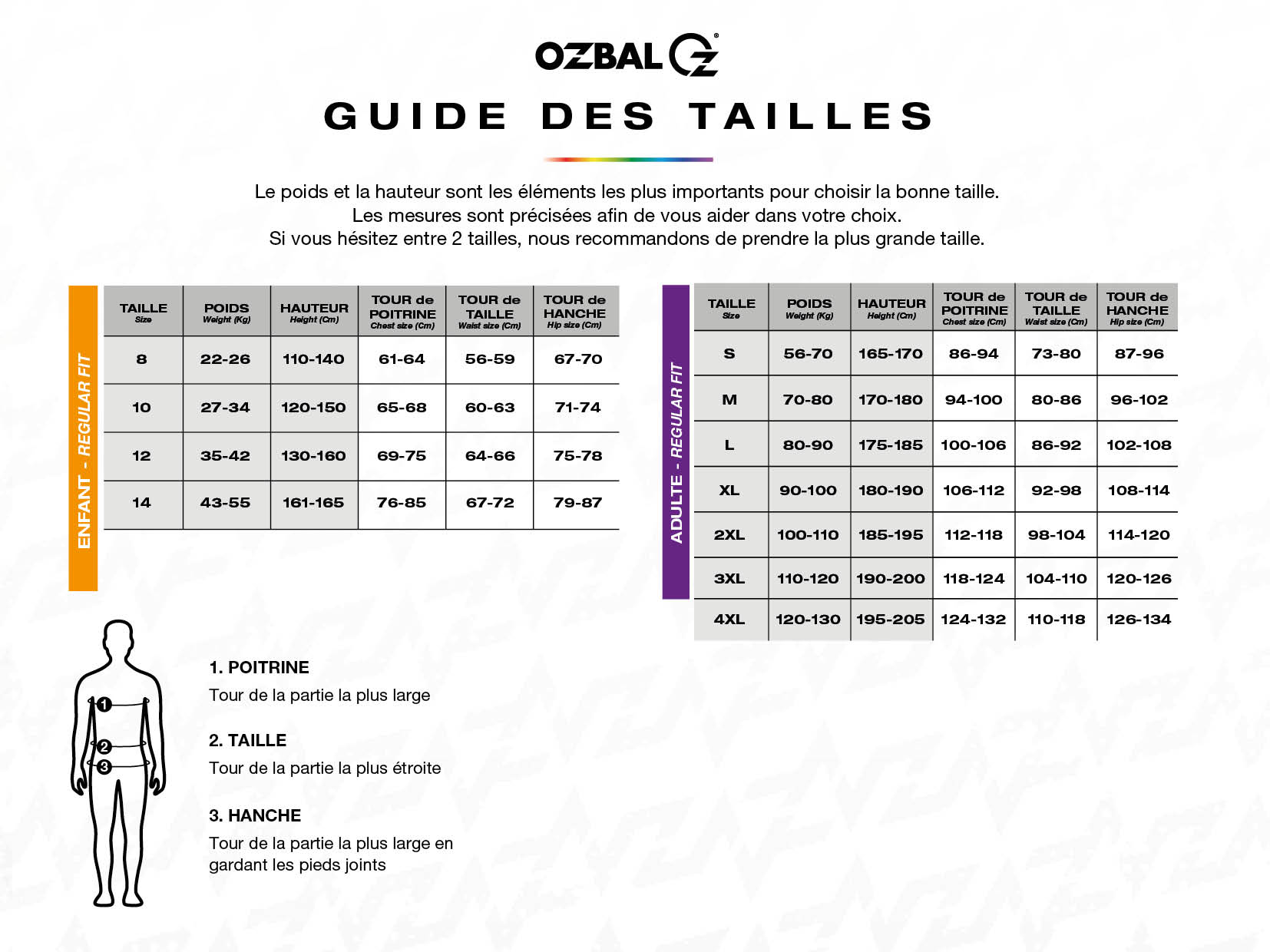 Guide des tailles OZBAL - Regular fit adulte / enfant