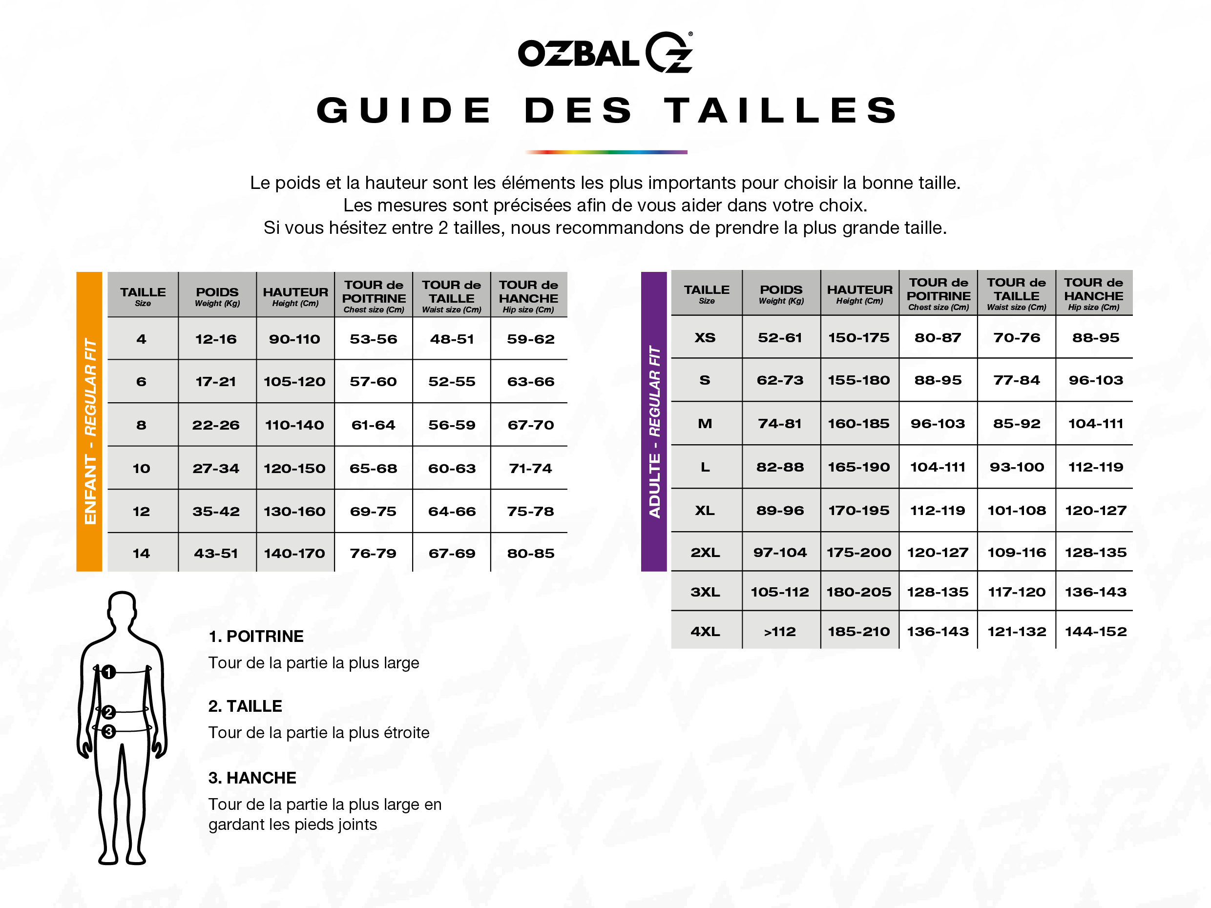 Guide des tailles OZBAL - Regular fit adulte / enfant