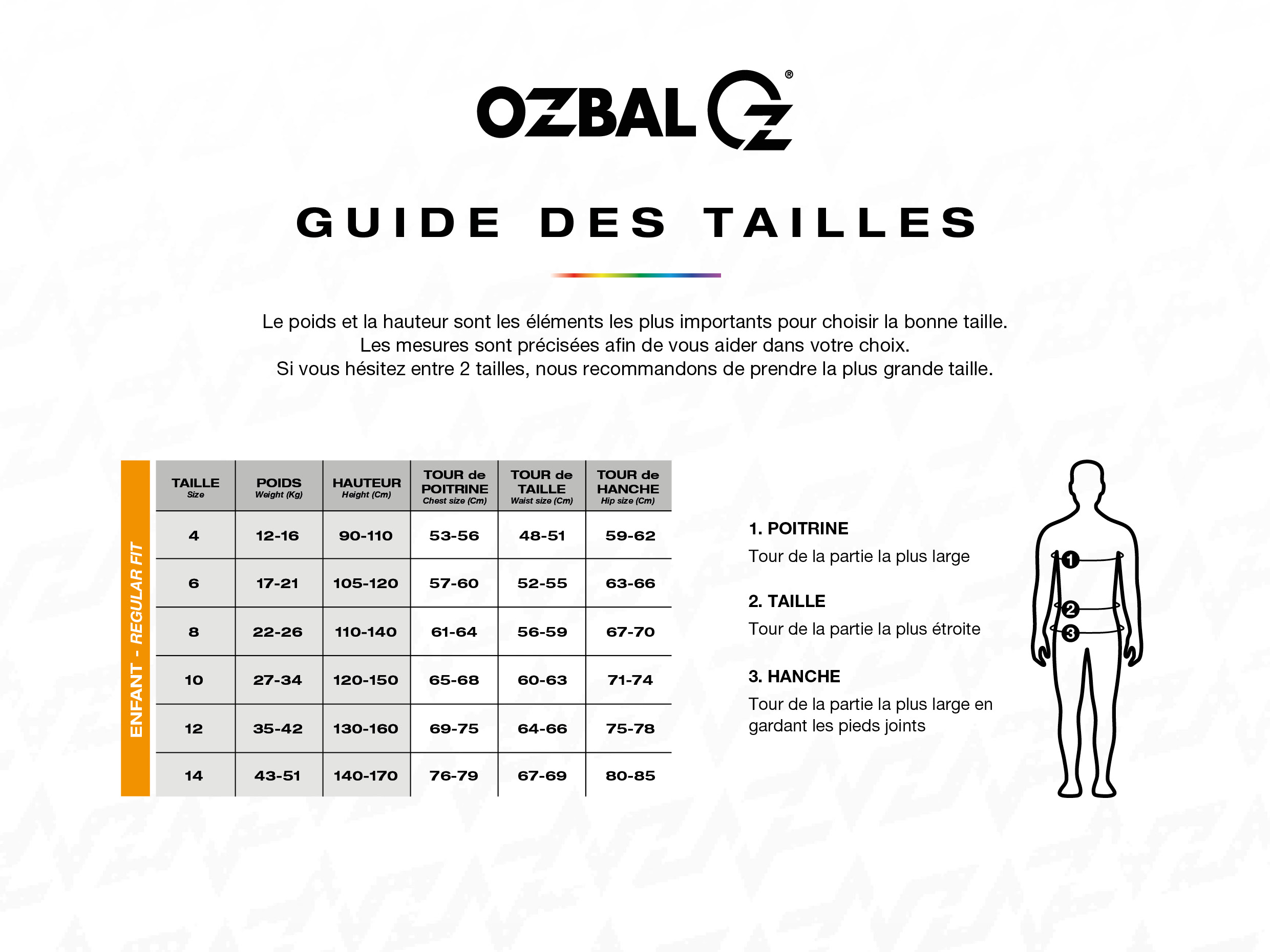 Guide des tailles OZBAL - Regular fit enfant